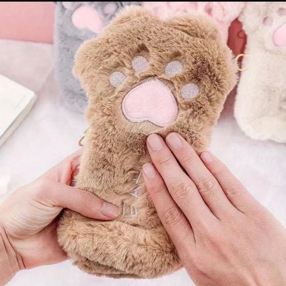 Pencil Bag Cat Paw Plush Beige